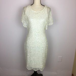 Like new!! Adrianna Papell Sheath Cocktail Dress 4 Ivory White Sequin Beaded